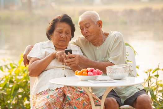 Happy asian senior couple using the mobile phone on outdoor background