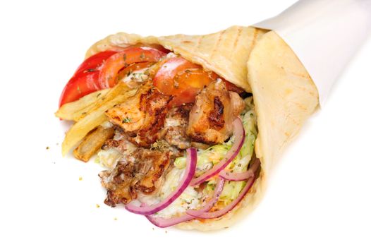 greek gyros stuffed with meat, salad, onion, tomato and potato