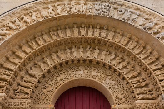 Archivolts detail of Aulnay de Saintonge church in Charente Maritime region of France