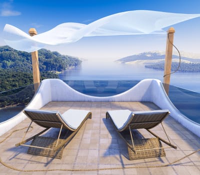 Balcony with Sea Views and two chairs vacation concept background