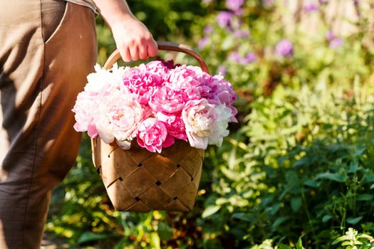 peonies in basket