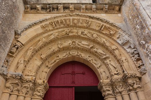 Main entrance of Aulnay de Saintonge church in Charente Maritime region of France
