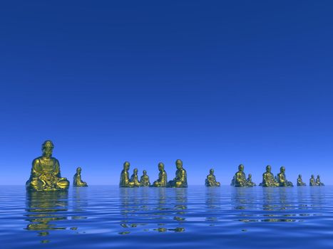 Many golden buddhas meditating on water by blue night