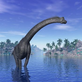 Brachiosaurus dinosaur in water next to islands with palm trees by beautiful day