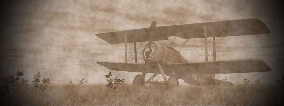 Vintage biplane standing on the green grass with flowers by pink sunset