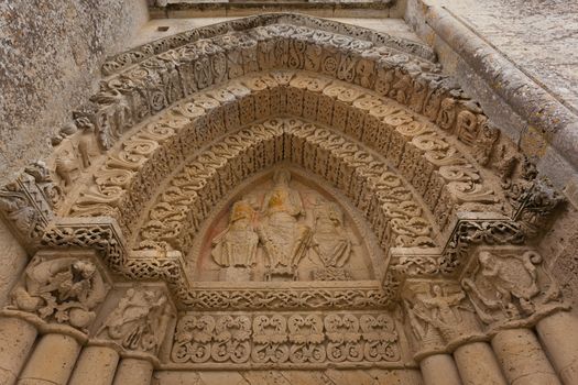 Right side facade Detail of Aulnay de Saintonge church in Charente Maritime region of France