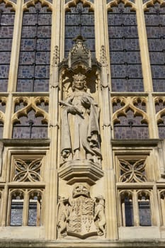 Statue on the west facade of Bath Abbey in the historic Georgian city of Bath in Somerset, England