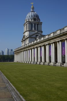 Historic buildings designed by Sir Christopher Wren at Greenwich in London, England. Buildings decorated with banners for the 2012 London Olympics.