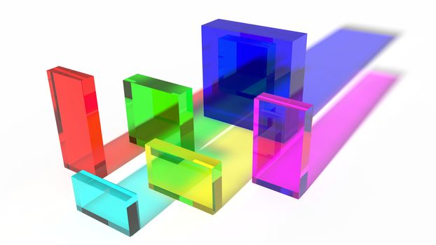Abstract colored glass cubes with color sadows.