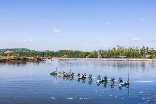 The aeration turbines in the shrimp farm for fresh water