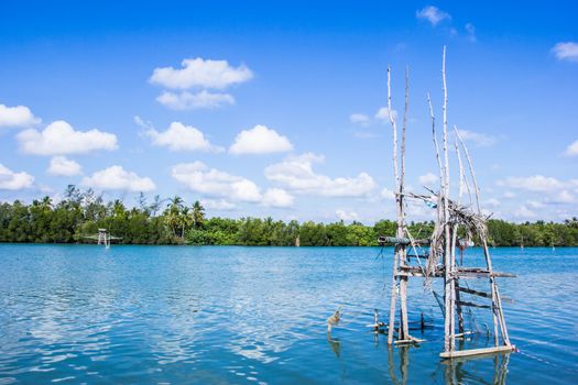 traditional fishing method using a bamboo square dip net at South of Thailand. taken in the beautiful sky.