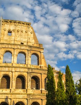 Architectural detail of Colosseum with trees at dusk, Rome.