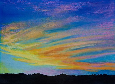 An original pastel over watercolor painting of an evening sky.
