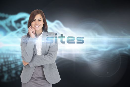 The word sites and smiling thoughtful businesswoman against abstract blue glowing black background