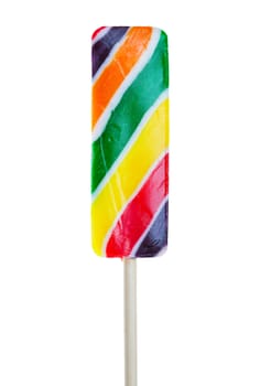 Large, colorful, rectangular shaped lollipop.  Shot on white background.