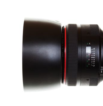 An 85mm prime SLR camera lens with clipping path.