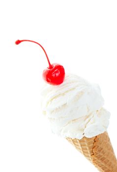 Vanilla ice cream, in a sugar cone, topped with a single, red cherry.  Shot on white background.