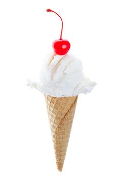 Vanilla ice cream, in a sugar cone, topped with a single, red cherry.  Shot on white background.

