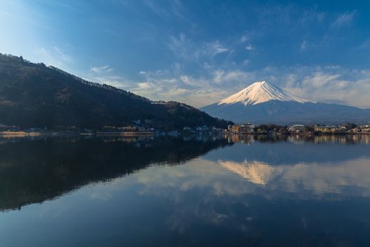 Mountain Fuji view from the lake in Japan.