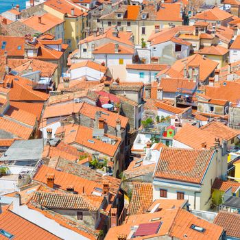 Picturesque old town Piran - beautiful Slovenian adriatic coast. Aerial view of Tartini Square.