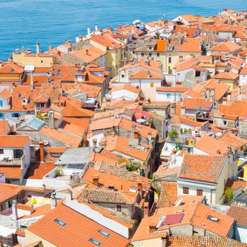 Picturesque old town Piran - beautiful Slovenian adriatic coast. Aerial view of Tartini Square.