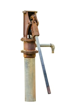 Old aged rusty water pump isolated close up on white background