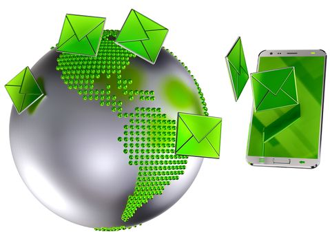 A lot of envelopes, as e-mail or sms, sent to the mobile phone with green screen. 3d illustration concept background.