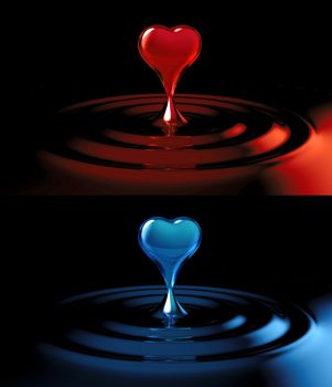 falling heart shaped water drop into the red water
