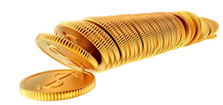 Stacks of golden dollar coins on white background