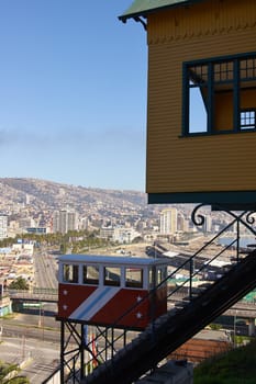 Ascensor Baron. Historic funicular, built around 1906, in the world heritage coastal city of Valparaiso in Chile.