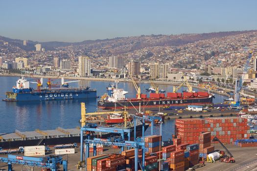 Busy port of Valparaiso on the Pacific coast of Chile in South America