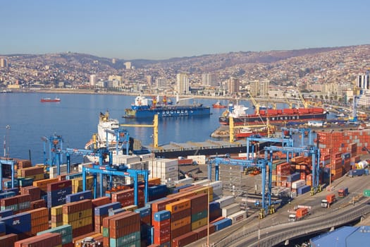 Busy port of Valparaiso on the Pacific coast of Chile in South America