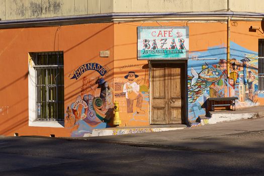 Colourfully decorated cafe in the world heritage city of Valparaiso in Chile