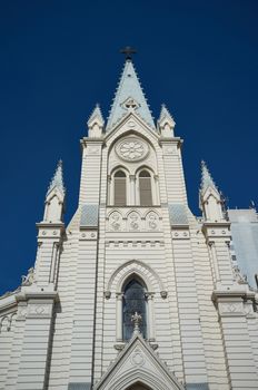 Ornate white Cathedral of St Joseph in Armas Square in the port city of Antofagasta, Chile.