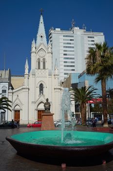 Ornate white Cathedral of St Joseph in Armas Square in the port city of Antofagasta, Chile.
