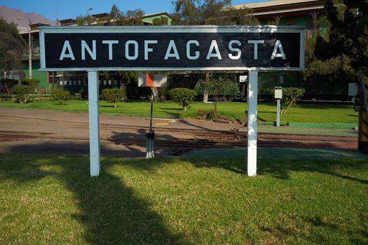 Railway sign of the Ferrocarril de Antofagasta a Bolivia (FCAB) in the port city of Antofagasta, Chile