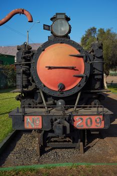 Historic locomotive of the Ferrocarril de Antofagasta a Bolivia (FCAB) in the railway yard in the port city of Antofagasta, Chile