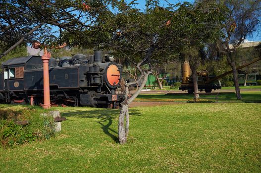 Historic locomotive of the Ferrocarril de Antofagasta a Bolivia (FCAB) in the railway yard in the port city of Antofagasta, Chile