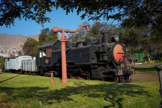 Historic locomotive of the Ferrocarril de Antofagasta a Bolivia (FCAB) in the railway yard in the port city of Antofagasta, Chile