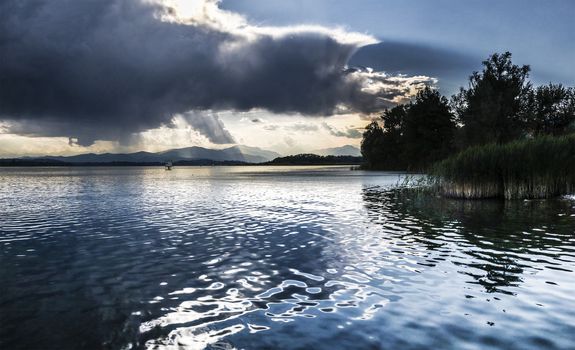 Varese lake, panorama from Schiranna at the sunset - Lombardy, Italy