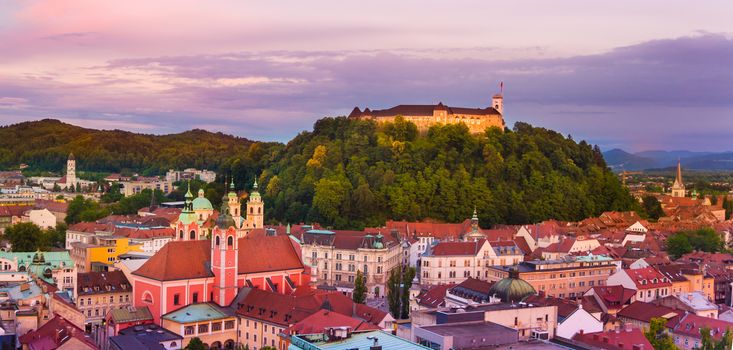 Panorama of the Slovenian capital Ljubljana at sunset; Slovenia, Europe.