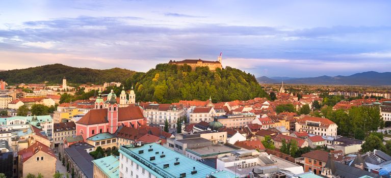 Panorama of the Slovenian capital Ljubljana at sunset; Slovenia, Europe.