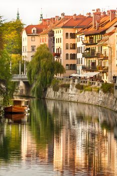 Medieval houses in Ljubljana old city centre on Ljublanica's bank.