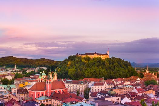 Aeirial panoramic view of romantic medieval Ljubljana's city centre, the capital of Slovenia, decorated for Christmas holidays. Ljubljana, Slovenia, Europe.