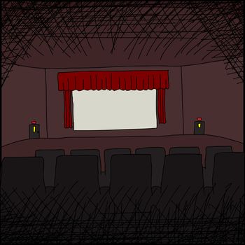 Empty cartoon movie theater with blank screen