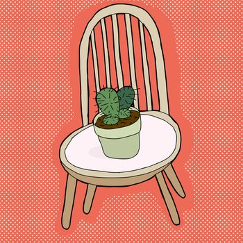 Pot of cactus plant on seat of chair