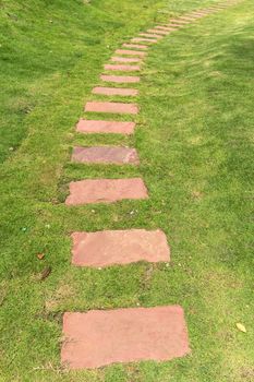 Stone sorted into walkway on the green grass