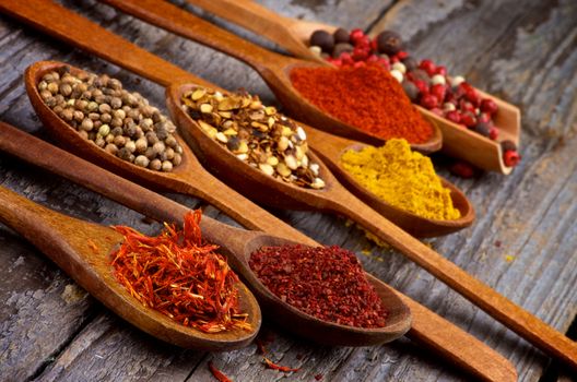 Wooden Spoons with Saffron, Sumac, Coriander, Dried Chili, Curry Powder, Paprika and Mixed Pepper closeup on Rustic Wooden background