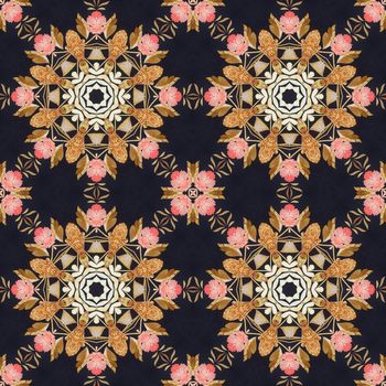 Abstract seamless artistic pattern, floral ornament, handmade applique from painted straw and bark on a black fabric background