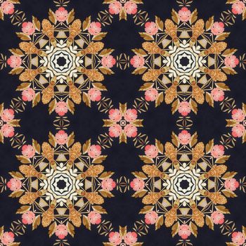 Abstract seamless artistic pattern, floral ornament, handmade applique from painted straw and bark on a black fabric background